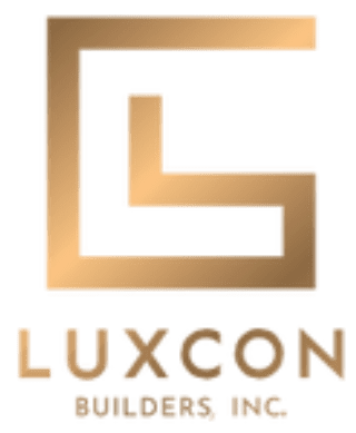 Gold and red gradient logo of "luxcon builders inc." featuring a stylized abstract l above the company name.